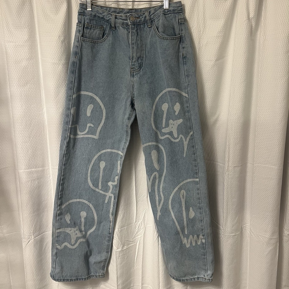 Melted Smiley Face Jeans High Rise Wide Leg Women's Graphic Print‎ 28/29 EUC